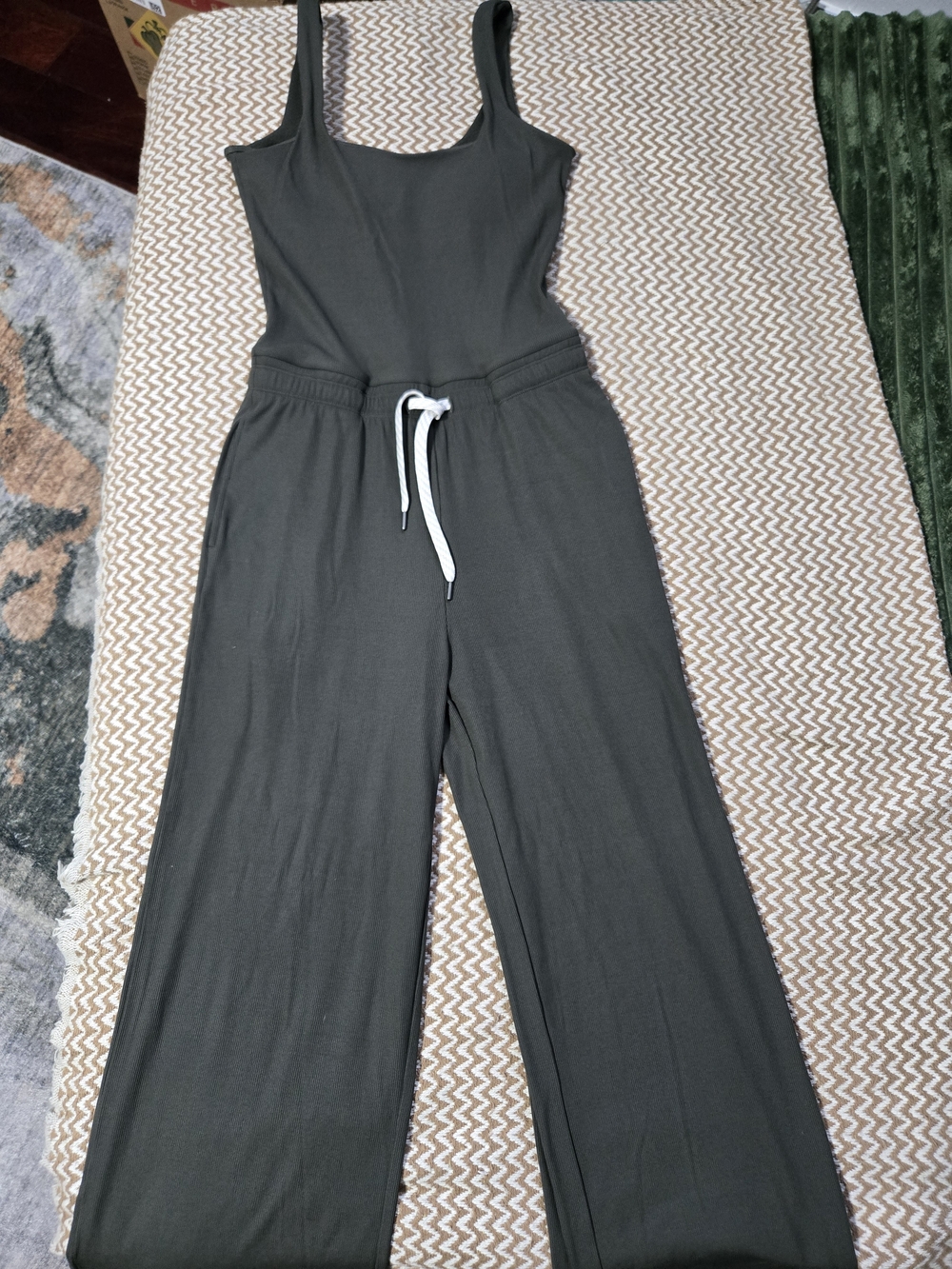 Vuori Olive Wide-Leg Jumpsuit with Contrast Drawstring